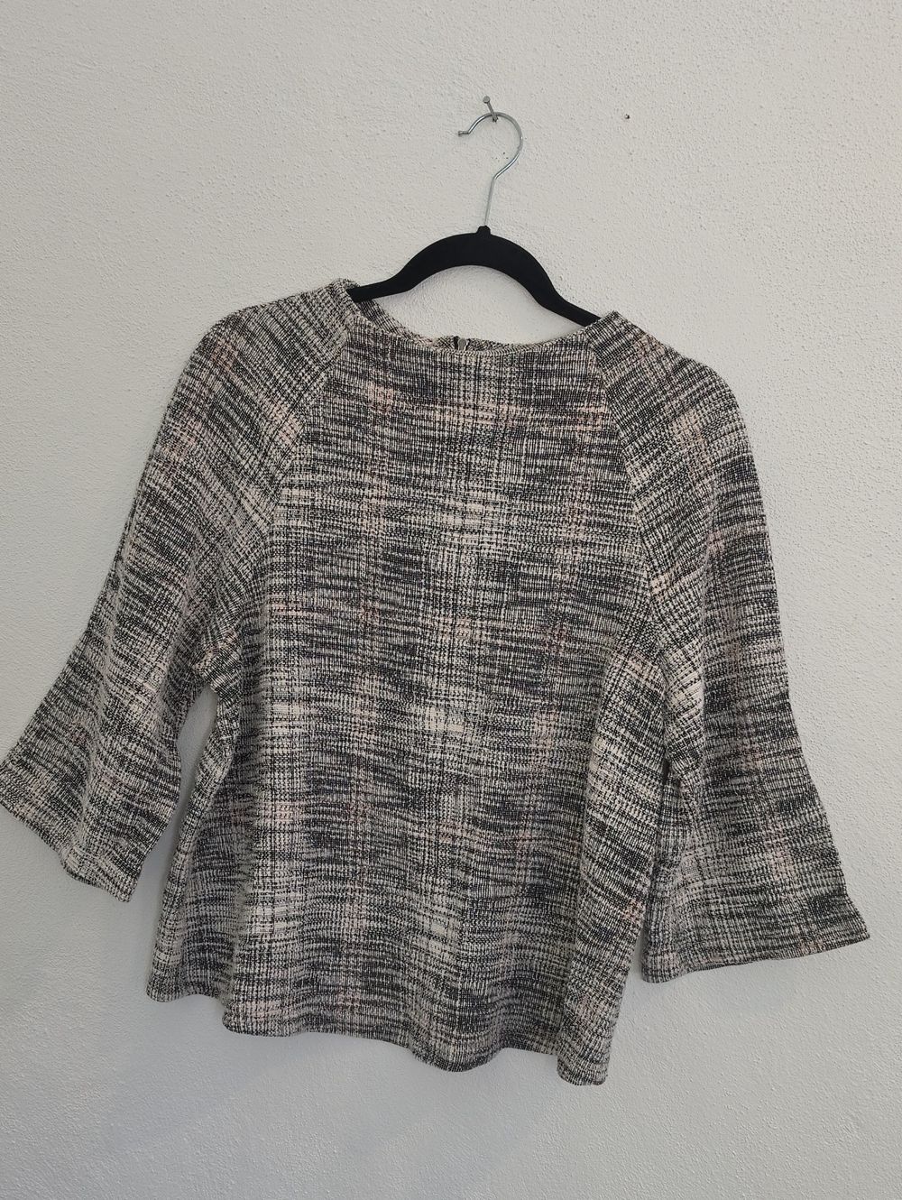 Black White Tweed Textured Boatneck Quarter Sleeve Top Large